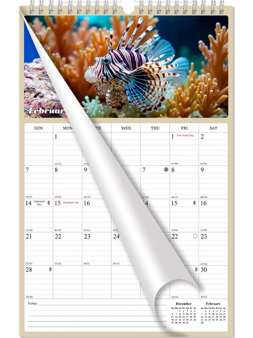 2026 - 2027 Wall Calendar Spiral-bound Twin - 18 Months (Tropical Fishes) 11" x